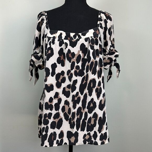 Y2K Nanette Lepore 100% Silk Blouse 8 Leopard Puff Sleeve Peasant Top Fairy Mob - Picture 2 of 14